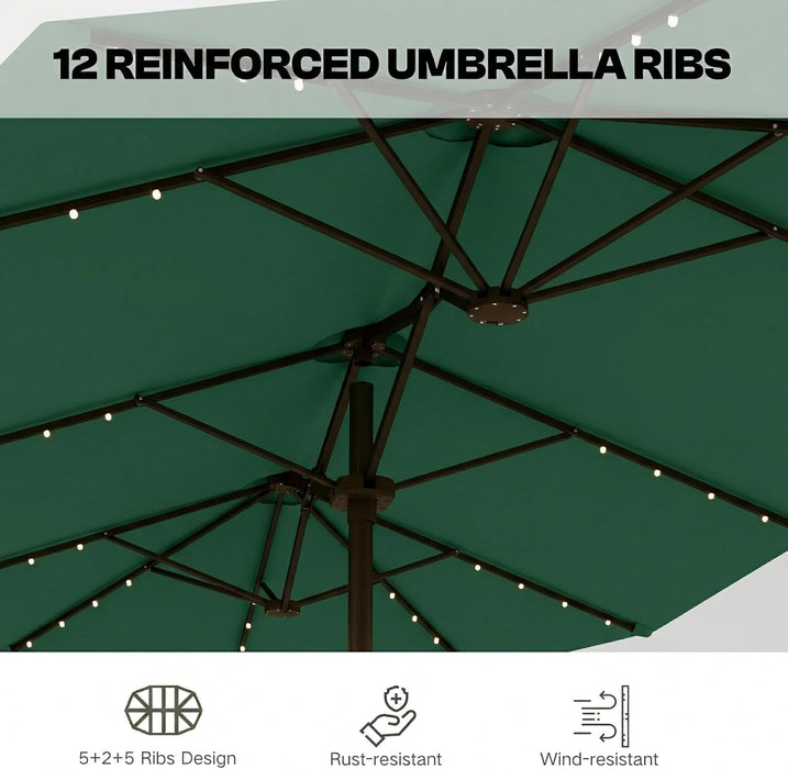 15Ft Large Patio Umbrella with Solar Lights and Base, Double-Sided Outdoor Rectangle Umbrella with 48 LED Lights, Market Table Umbrellas with UV Resistant Canopy