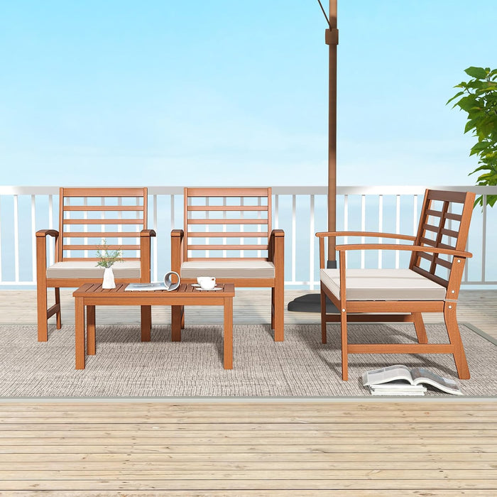 4 Pieces Outdoor Furniture Set, Acacia Wood Conversation Set W/Soft Seat Cushions, Stable Acacia Wood Frame, Patio Sofa & Coffee Table Set for Backyard, Porch, Poolside (White)