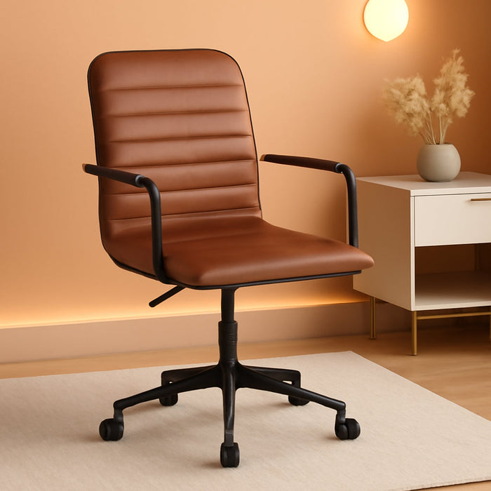 Taytum Swivel Task Chair with Armrests for Home Office in Saddle Brown Faux Leather with Oil Rubbed Bronze Frame