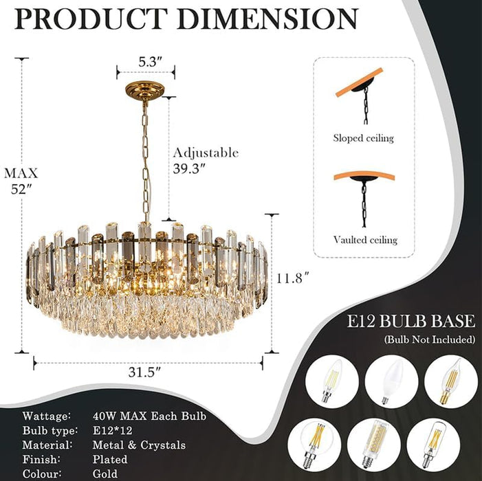 Gold Crystal Chandelier 31.5 Inch Elegant Radiance