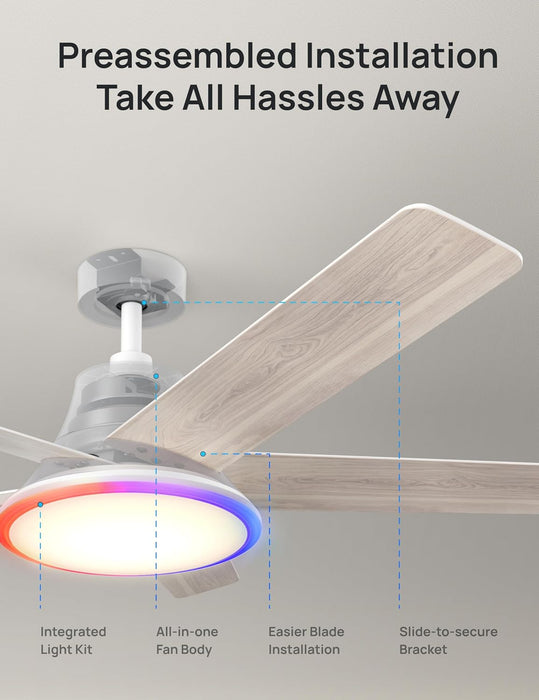 DREO Smart Ceiling Fan with Lights, 52 Inch, 12 Speeds & 3 Fan Modes, RGBIC Light for Living Room, Dimmable, 22Db Quiet DC Motor, Remote/App/Alexa Control, White Ceiling Fans Indoor, 2026 Upgraded