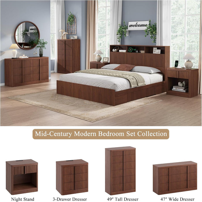 Walnut Dresser for Bedroom, 47" Wide 6 Drawer Dresser, Modern Chest of Drawers with Solid Wood Handle, Curved Profile Design, Wood Dresser Storage Organizer, Living Room, Hallway