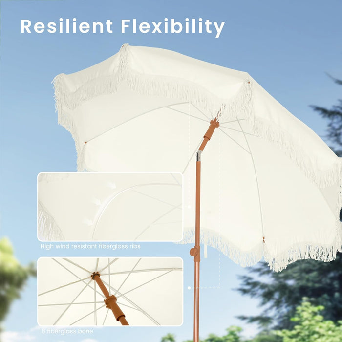 7Ft Fringe Beach Umbrella White with Sand Anchor, Outdoor Patio White Portable Beach Umbrella for Sand with Tassels, Push Button Tilt & Carrying Bag, UPF 50+