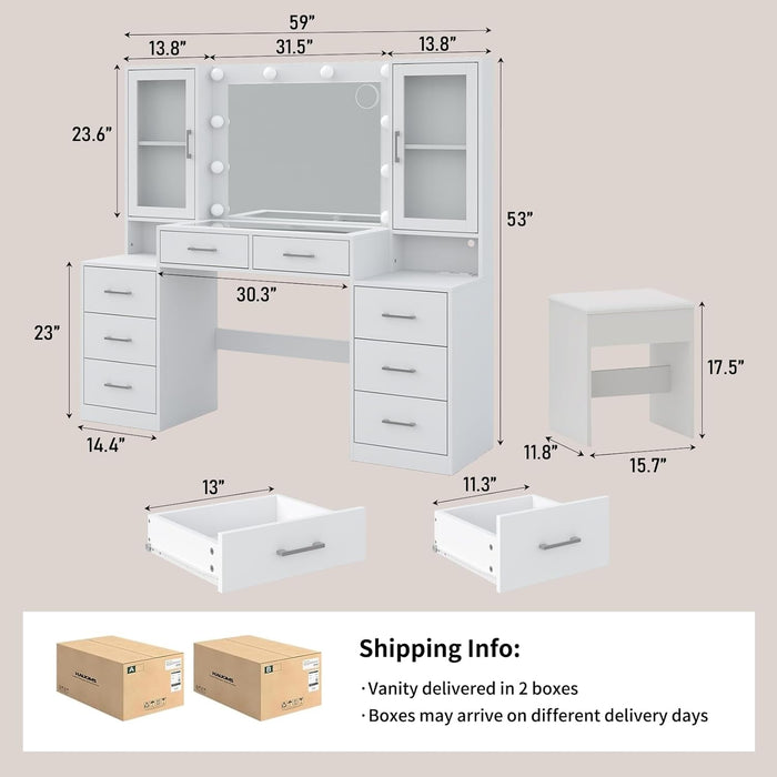 59'' W Large Makeup Vanity Desk with Mirror and Lights, White Vanity with Power Outlet, 8 Drawers & 2 Cabinets, 3 Lighting Modes Brightness Adjustable, Glass Top Vanity with Chair for Bedroom
