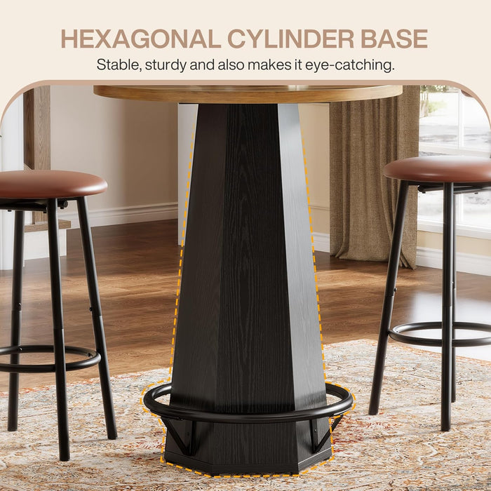 round Bar Pub Table, 39.4" H Bistro Cocktail Table with Metal Footrest for Drinking & Gathering, Industrial Home Bar High Top Unit, Small Spaces, Brown & Black