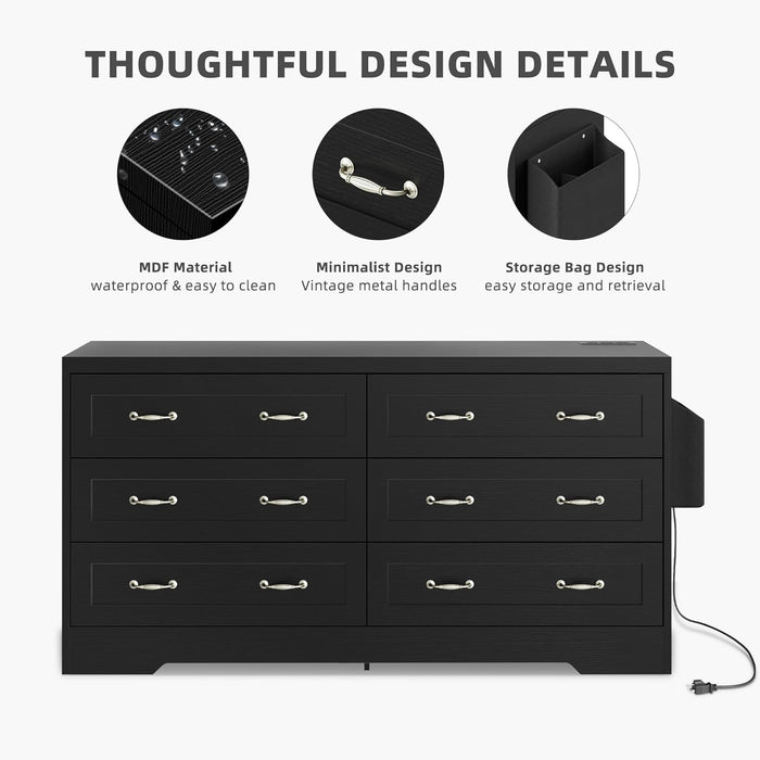 Drawers TV Stand for 65 Inches with Power Outlets -Chest of Drawers Dresser with Side Organizer Bag Entertainment Center TV Console, Black