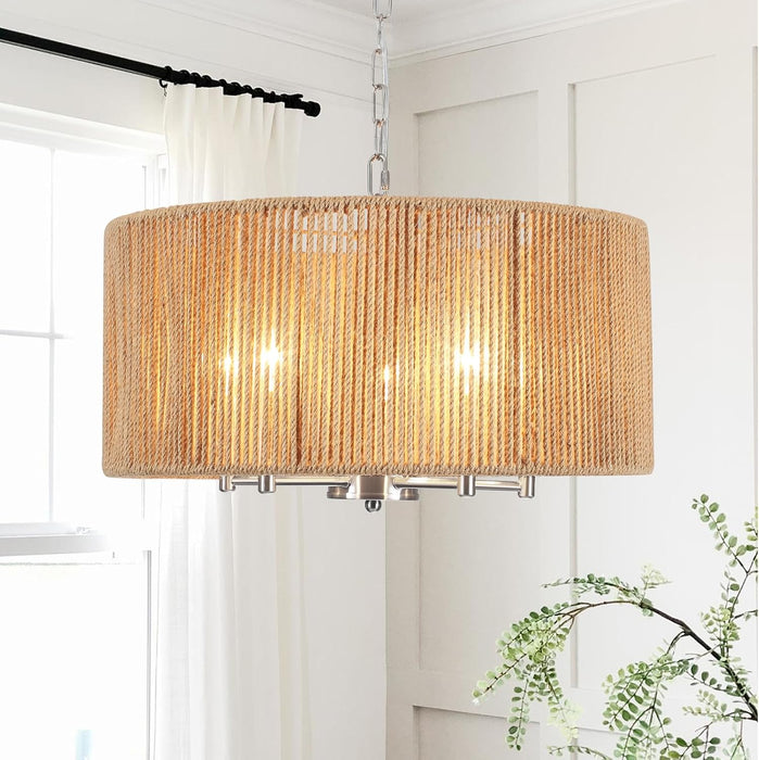Rattan Chandelier Brushed Nickel Five Light Pendant