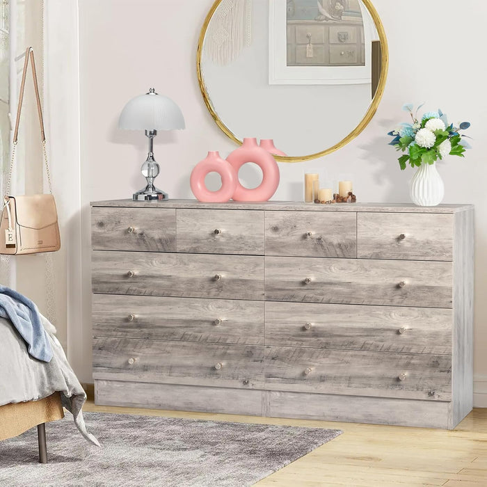 Grey 5 Drawer Dresser for Bedroom, Modern Wood Dresser Chest of Drawers, Rustic Bedroom Dressers Clothes Organizer, Anti-Tipping Device, Rose Gold Metal Handle, Living Room, Entryway, Office