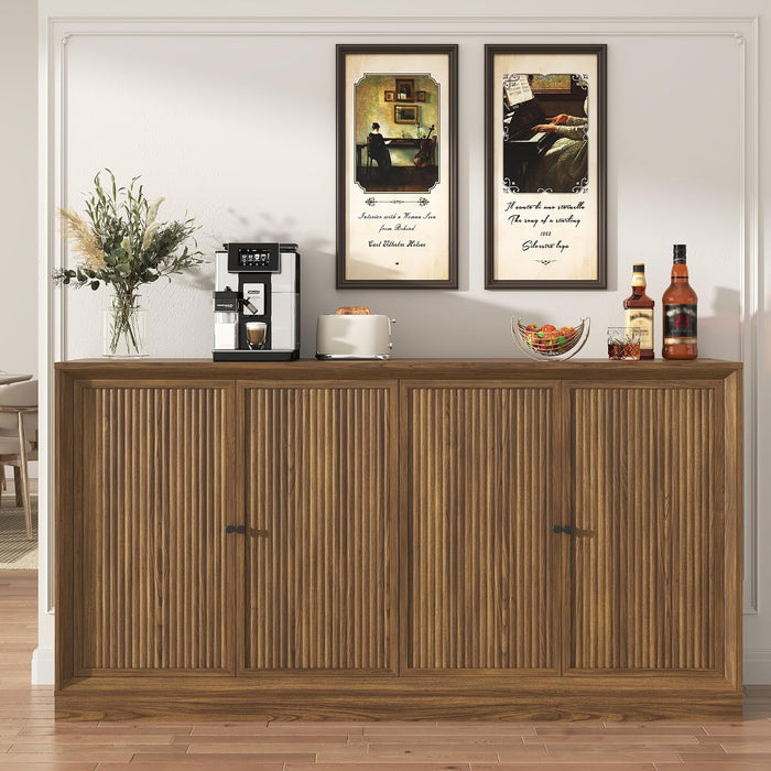 63” Fluted Sideboard Storage Cabinet, Mid Century Modern Wooden Credenza with 4 Doors & Adjustable Shelves, Beveled Edge Buffet Cabinet with Storage, Kitchen, Living Room (Walnut)