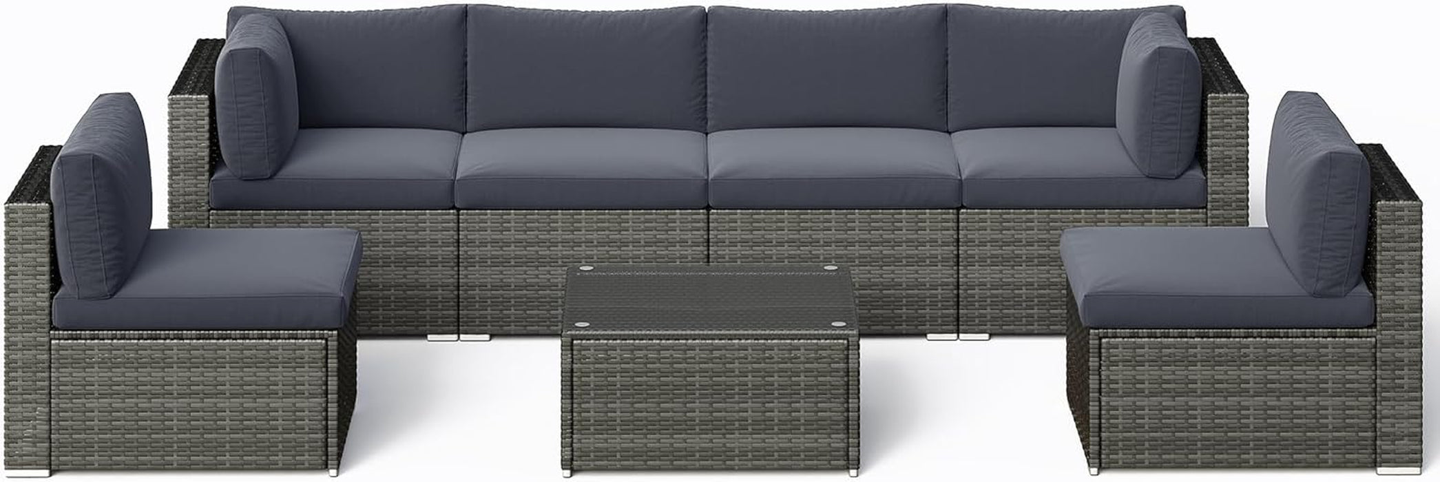 7 Piece Outdoor Patio Furniture Set, All Weather Wicker Rattan Sectional Sofa Conversation Set with Cushions & Large Glass Coffee Table, Ideal for Garden Backyard Porch, Dark Grey