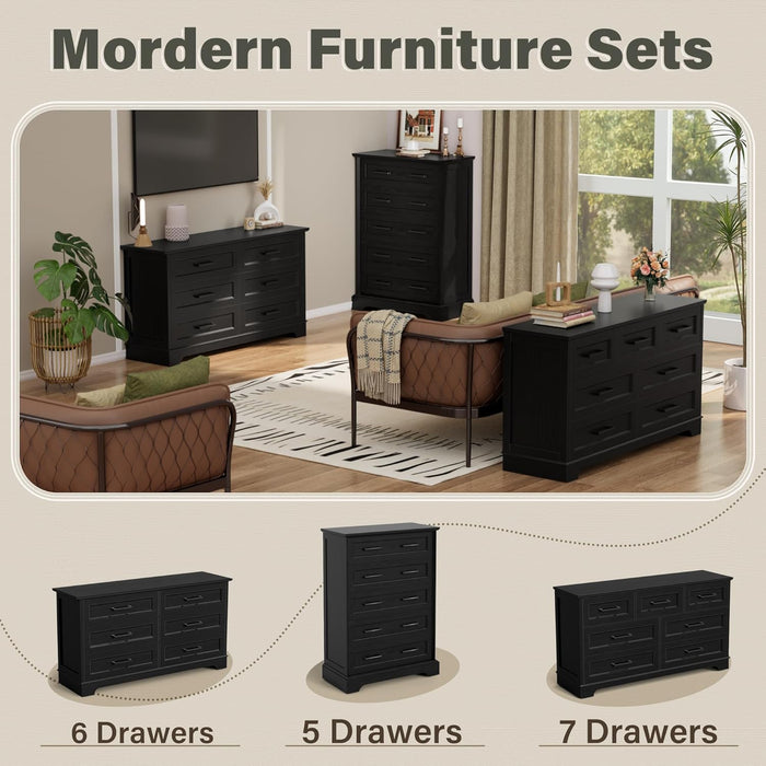 Tall Dresser for Bedroom,Farmhouse 5 Drawers Dresser, Chest of Drawer Chest, Multi-Tier Clothing Storage Cabinet, Black