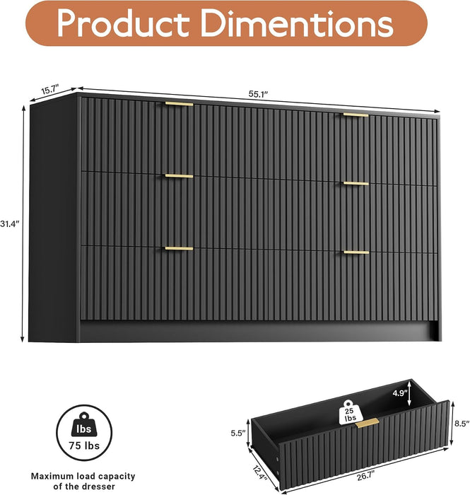 Black Dresser for Bedroom, Modern Dresser with 6 Drawers and Smooth Slides, Wide Chest of Drawers with Golden Handles for Bedroom, Living Room, Closet, 15.7" D X 55.1" W X 31.4" H