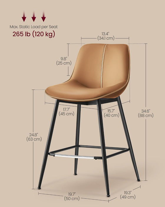 VASAGLE Bar Stools Set of 2, Counter Height Bar Stools with Back, Ergonomic Backrest, Synthetic Leather, Metal Legs, 24.8-Inch Tall Barstools for Kitchen Island Home Bar, Easy Assembly, Caramel Brown