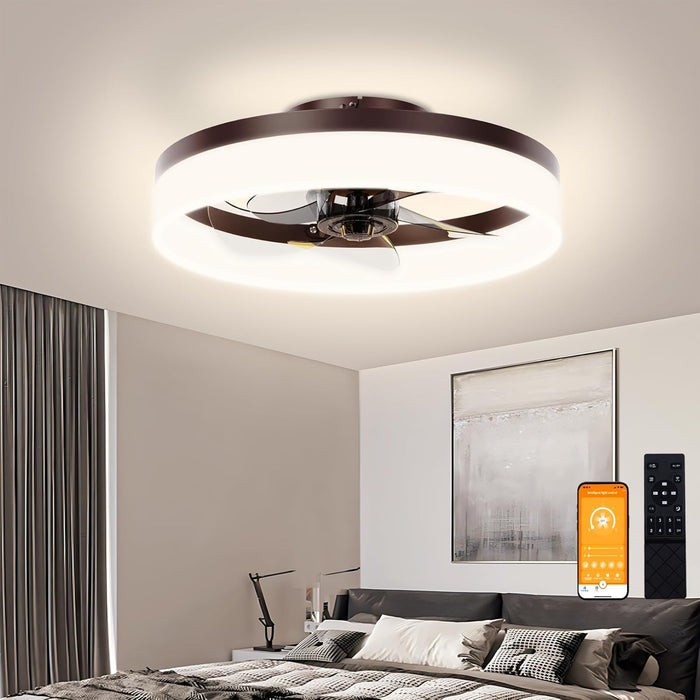 Low Profile Ceiling Fans with Lights and Remote,15.7In Modern Ceiling Fan Flush Mount, 3000K-6500K Dimmable Bladeless LED Fan Light,Brown Fandelier Ceiling Fans with Lights for Bedroom