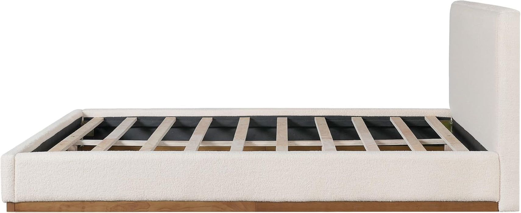 Bettine Boucle Queen Size Bed, Boucle Headboard and Footboard, Rectangular Queen Size Headboard, Slat Panel Support Platform Bed, No Spring Box Needed, Easy Assembly, White