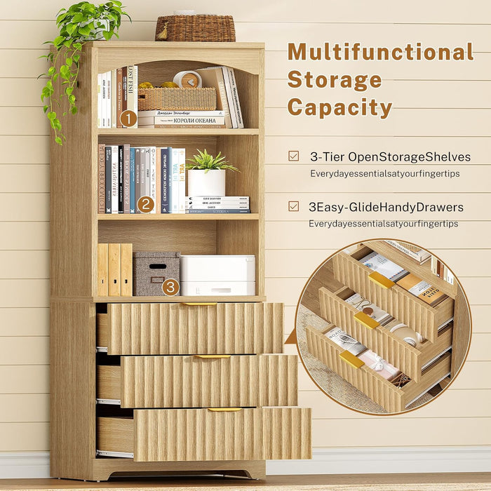 63.3" Tall Bookshelf, Bookshelves and Bookcases with Drawers, Arched Design Bookcase with Storage Cabinet, Natural Wood Grain Wave Pattern Storage Shelves for Living Room, Bedroom,Office