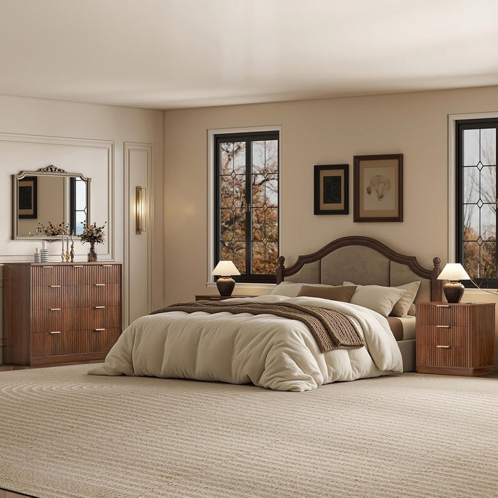 Fluted Tall Dresser for Bedroom, 9 Drawer Chest of Drawers,Walnut