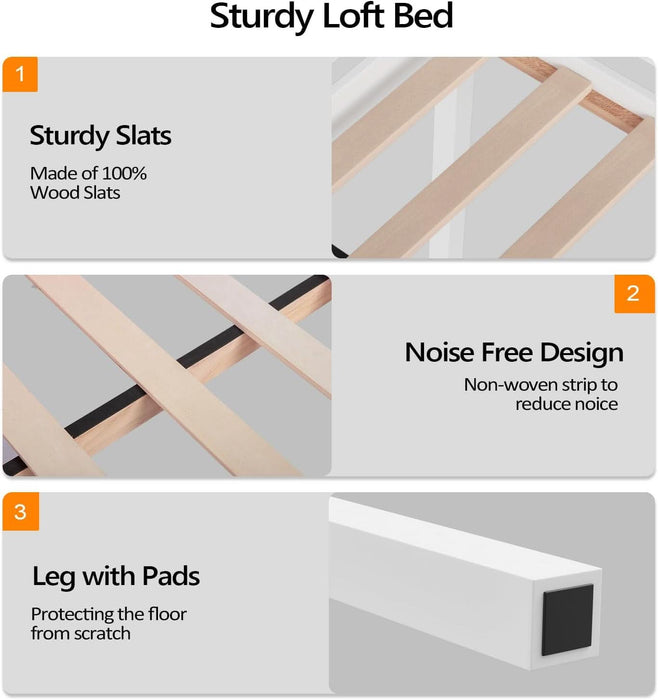 47'' Tall Junior Low Loft Bed with Stairs, White Wood Loft Bed Twin Size for Adults, Kids and Young Teens, No Box Spring Required,Wood Slat Support