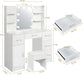 Vanity Desk with Mirror,Make up Vanity with 1 Stool 6 Drawers 6 Shelves & LED Mirror,3 Modes Light Adjustable,Vanity Desk for Bedroom,White,39.5" L*15.8" W*55.2" H.