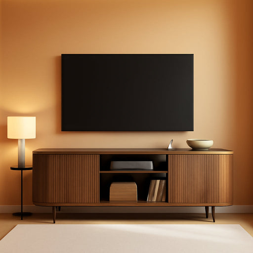 Luxury 70" Fluted TV Stand, Modern Entertainment Center for Tvs up to 80”, TV Console with Faux Marble Tabletop, Curved Profile Design, Media Console for Living Room, Brown