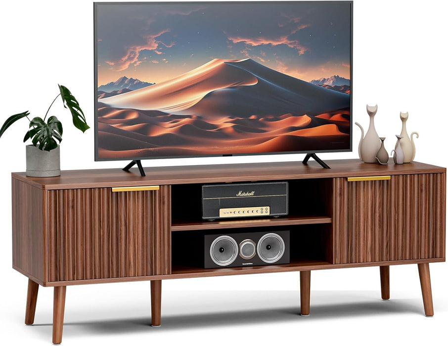 TV Stand for Living Room, Mid Century Modern Entertainment Center for 55/60 Inch Tvs, TV Console with Fluted Door Cabinets and Open Shelves, for Bedroom, Walnut