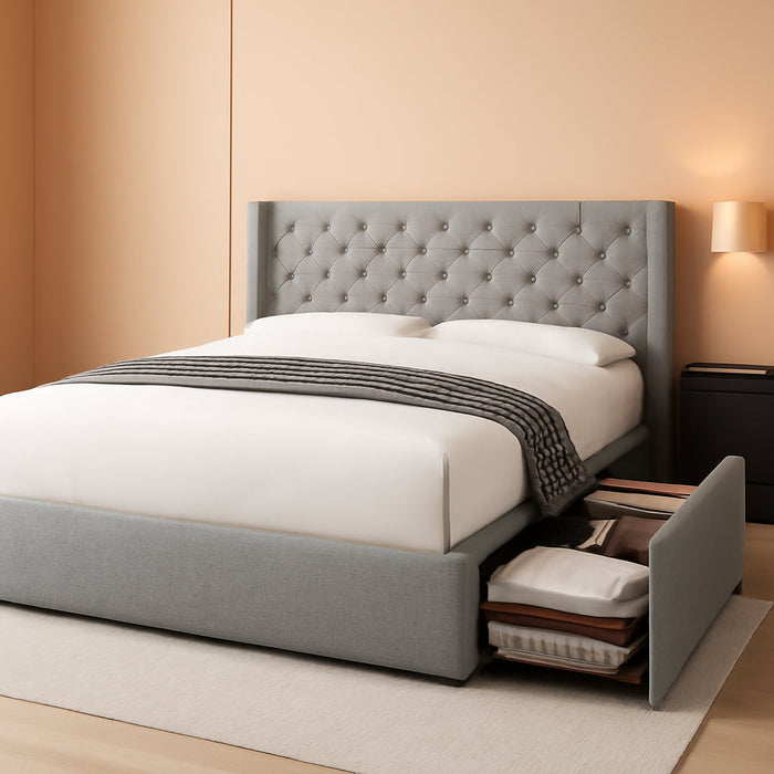 Upholstered Full Size Bed Frame with 4 Storage Drawers, Charging Station and Tufted Wingback Storage Headboard, No Box Spring Needed, Easy Assembly, Light Grey