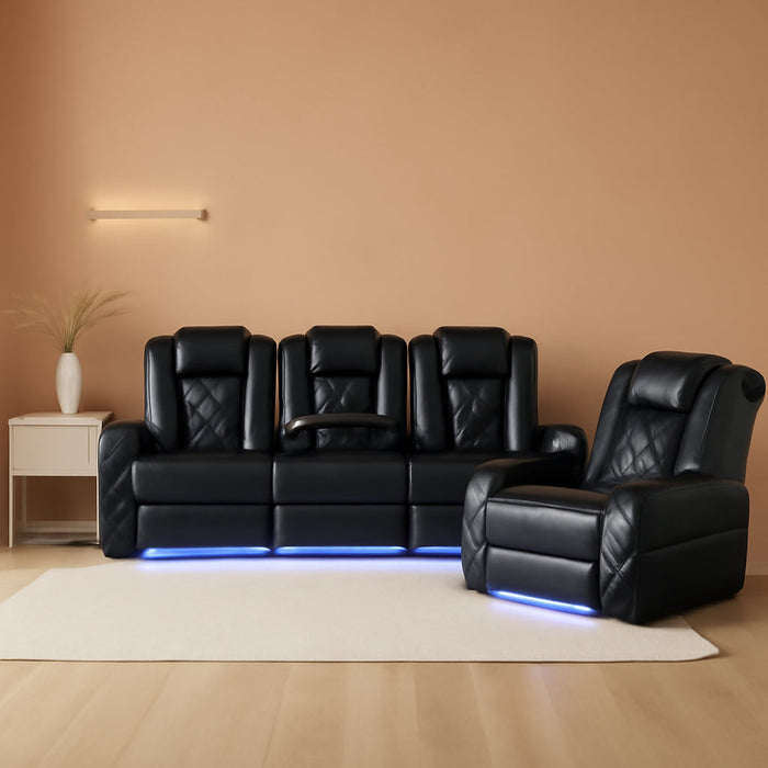 Power Black Leather Reclining Sofa Set with LED Light for Living Room Set，Theater Seat Recliner Chair 3 Seats Double Recliner Sofa with Drop-Down Table/Read Light/Wireless Charge/Usb Port