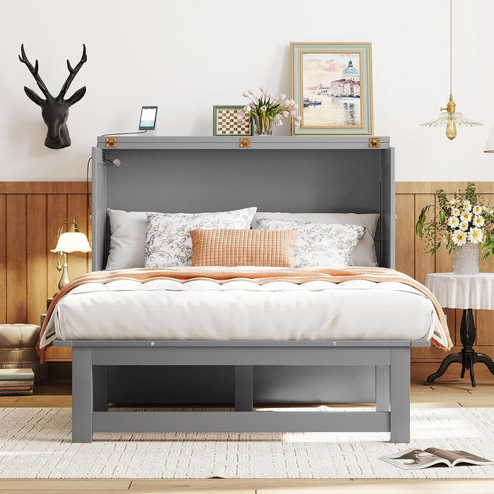 Full Size Murphy Bed with USB Port, Desk and Removable Shelves on Each Side, Full Platform Bed Wood Frame, for Guest Room Home Office - Gray