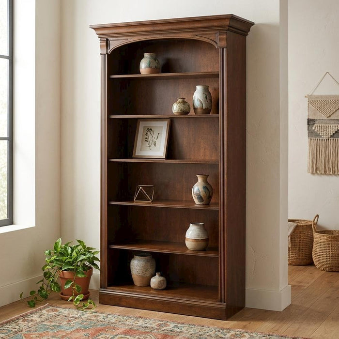 Cherry Veneer Bookcase with Distressed-Finish, Tall Open Bookshelf and Wood Shelves for Office or Bedroom Use, Brown