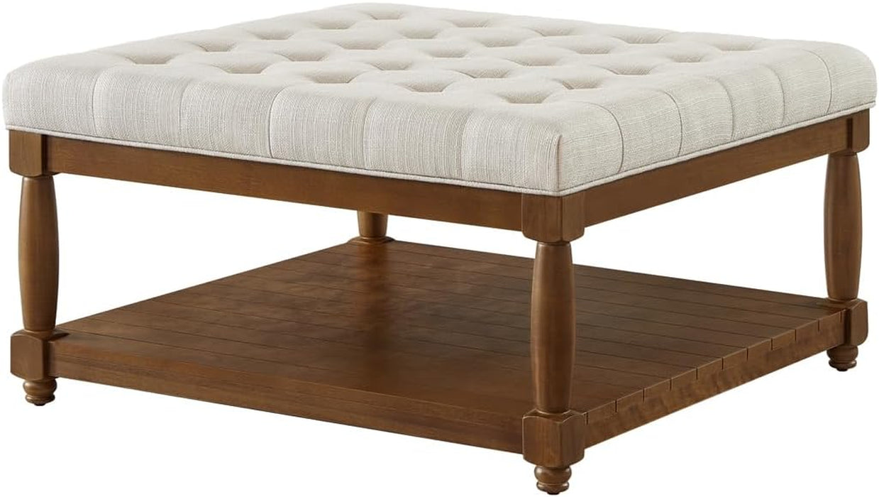 Upholstered Square Coffee Table with Wooden Shelf, Tufted Button Large Square Ottoman with Spindle Wooden Legs, Linen Large Footrest Ottoman Pouf for Living Room, Ivory