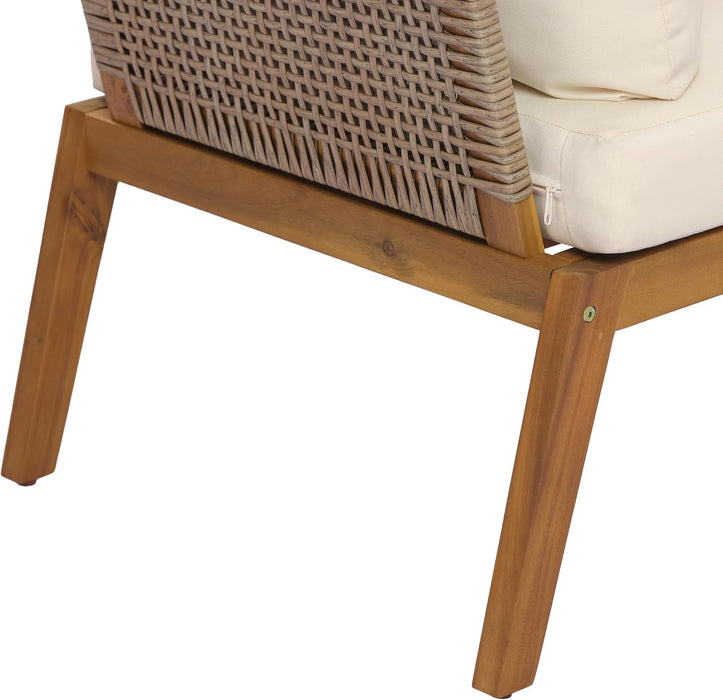 Kai 4 Piece Patio Furniture Set with Slatted Coffee Table, Outdoor Sofa Set with PE Wicker Backrest & Cushions, Acacia Wood Conversation Set for Backyard,Cream+Light Brown+Teak