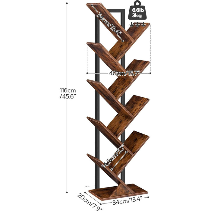 Tree Bookshelf, 9-Tier Bookcase Wooden Shelves, Floor Standing Storage Rack, for Display of Cds, Books in Living Room, Home Office, Wood Storage Rack for Bedroom, Rustic Brown BF08SJ01G1