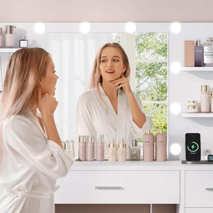 Vanity Desk with Mirror and Lights, Makeup Vanity with 9 Drawers, 4 Shelves & 5 Jewel Hooks, White Vanity with Outlet & 3-Color Dimmable LED, Dressing Table for Women, Bedroom, White