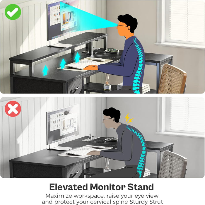 47 Inch Reversible L Shaped Desk with LED Lights & Power Outlets, Computer Desk with Shelves & Monitor Stand, Gaming Desk with Drawer, Home Office Desk Corner Desk, Black