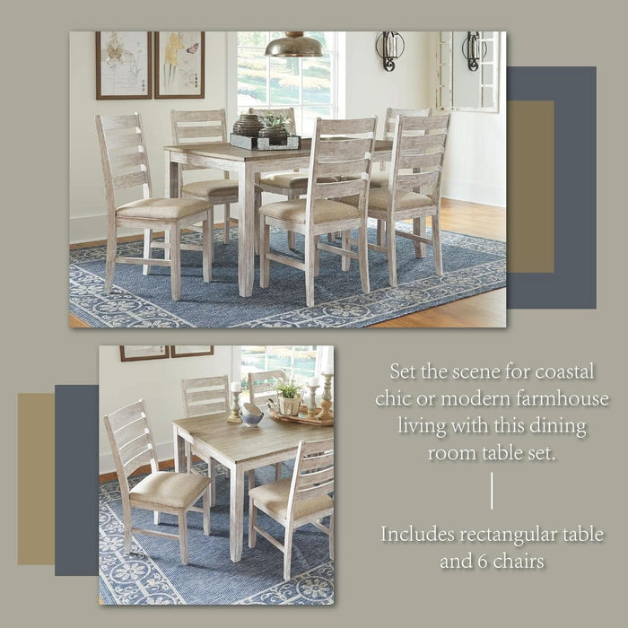 Skempton Cottage Dining 7 Piece Set – Rectangular Table & 6 Upholstered Chairs | Coastal Chic Meets Farmhouse, Whitewash
