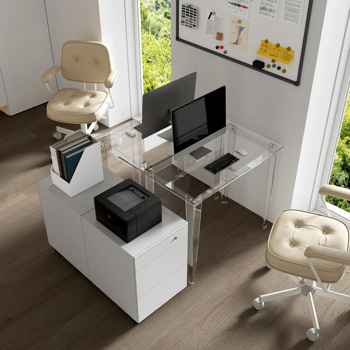Small Acrylic Computer Desk, 35.4 Inch, Clear Study Desk for Home Office, Writing, Vanity, Modern, Easy Assembly, 19.7" W X 29.5" H, Right-Angle Legs Design