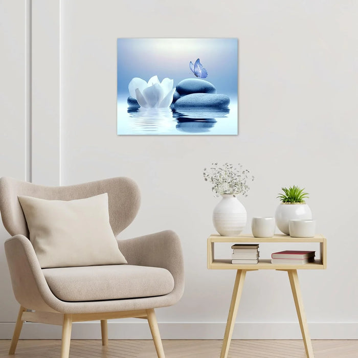 Zen Stone Canvas Wall Art White Flower and Blue Butterfly on Lake Wall Art for Bathroom Living Room Bedroom Modern Spiritual Yoga Spa Picture Wall Decor Framed Bedroom Wall Art,16X12 Inches