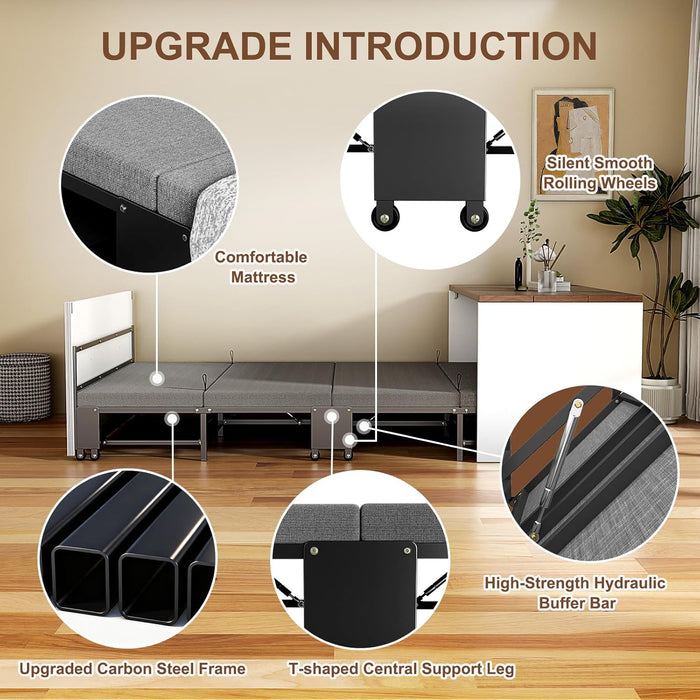 Twin/Full Size Murphy Bed Cabinet with Mattress, Hideaway Foldable Beds Space-Saving Pull Out Wooden Murphy Bed Chest for Small Room Home Office Guest Room Bedroom Living Room Walnut+White