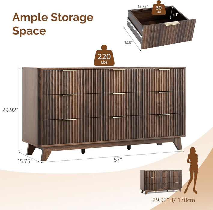 Fluted Dressers Chest of Drawers,57" Fluted Wide Modern Dresser with Metal Handle, Curved Profile Design, Wood Drawer Organizer for Bedroom, Walnut