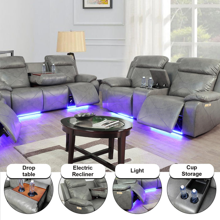 Power Leather Recliner Sofa Sets, 2 Pieces Living Room Furniture Sets with LED Lights, Grey Reclining Sofa Sets with USB Port for House/Office/Rv(A-Grey, Sofa+Loveseat)