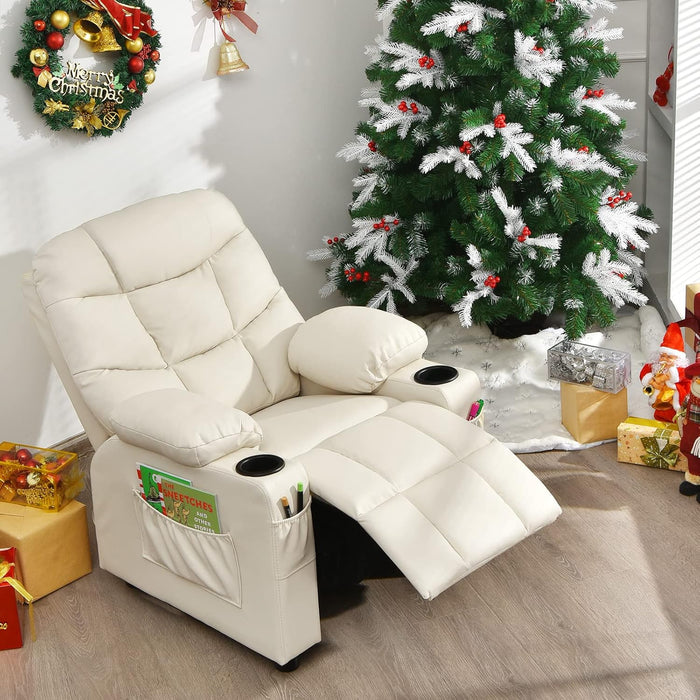 Kids Recliner Chair with Cup Holder, Adjustable Lounge Chair W/Footrest & Side Pockets for Children Boys Girls Room, Ergonomic Toddler Furniture Sofa, Kids Recliner (Beige)