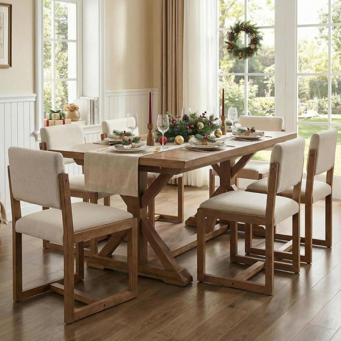 Upholstered Dining Chairs Set of 2, Mid-Century Modern Dining Room Chairs, Linen Fabric Kitchen Side Chairs with Wood Legs, Beige