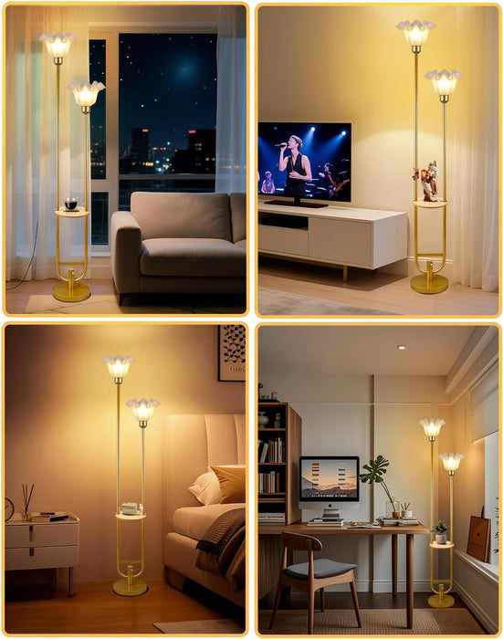 Dimmable Flower Floor Lamp with Table for Living Room, Modern Mid Century Gold Metal Tall Standing Lamp with 5Lbs Heavy Base for Bedroom/Sofa Beside/Corner Decor (Bulb Included)