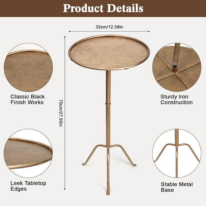 Metal Martini Side Table, Antique Brass – Compact Art Deco Design, Raised Edge, Easy Assembly, 12.5" Diameter, 27.5" Height, Stylish and Functional Cocktail Table