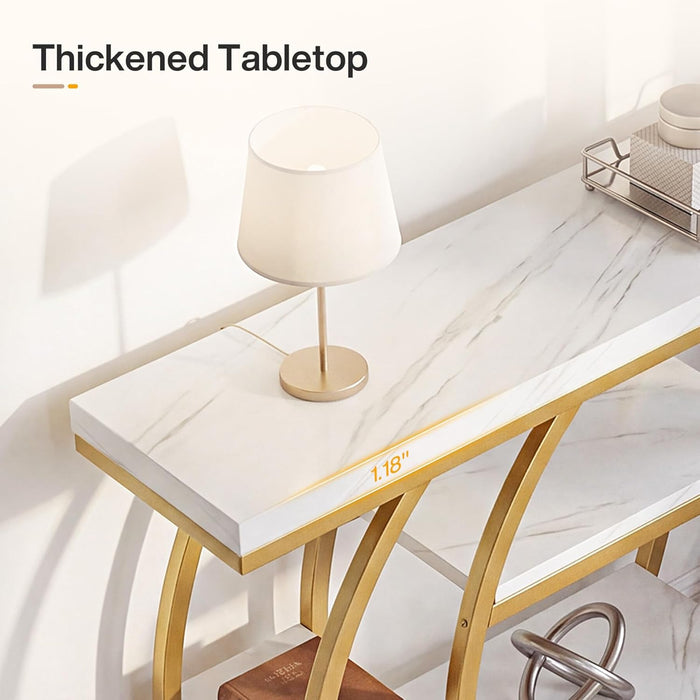 Modern Console Table, 41.3" Narrow Entryway Table with Storage Shelves & Faux Marble Top, 5-Tier Sofa Tables behind Couch with Arched Metal Frame for Living Room, Hallway (Gold & White)