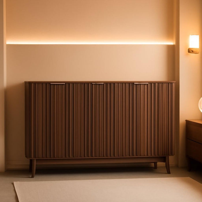 Walnut Fluted Sideboard Buffet Cabinet with Storage , 55In Large Wood Credenza Accent Cabinet for Living Room Entryway Dining Room, Media Console Table with Adjustable Shelves & Solid Wood Legs