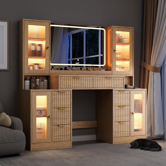 55" Vanity Desk with Mirror & Lights, Fluted Makeup Vanity with 8 Drawers & 4 Cabinets, Tempered Glass Top, RGB Cabinet Lighting, 3-Color Dimmable Mirror, and Charging Station