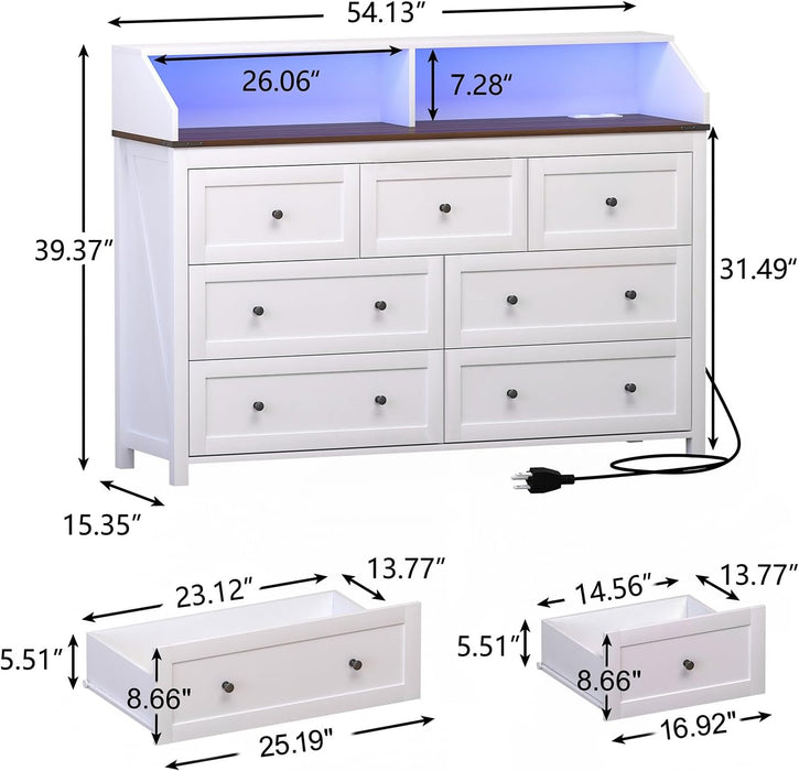 LED Dresser with Charging Station, 7 Drawer Dresser for Bedroom, Chest of Drawers with RGB Lights, Wood Dresser with Deep Drawers for Bedroom, Hallway, White Dresser