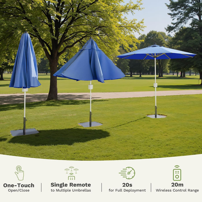 9 FT Motorized Patio Umbrella, Remote Outdoor Umbrella with Heavy Duty Aluminum Frame, Removable Power Bank and Push Button Tilt for Backyard, Pool, Garden, Beach, Blue