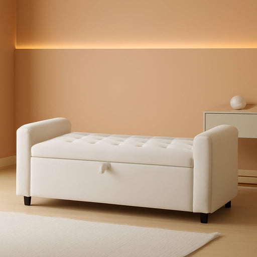 48" Ottoman with Storage, Tufted Storage Ottoman Bench, Convenient Living Room Fabrics Bench Seat, Entryway Shoe Benches with Inner Zipper & Arm, Rivetless Upholstered Window Seat Ottomans, Beige